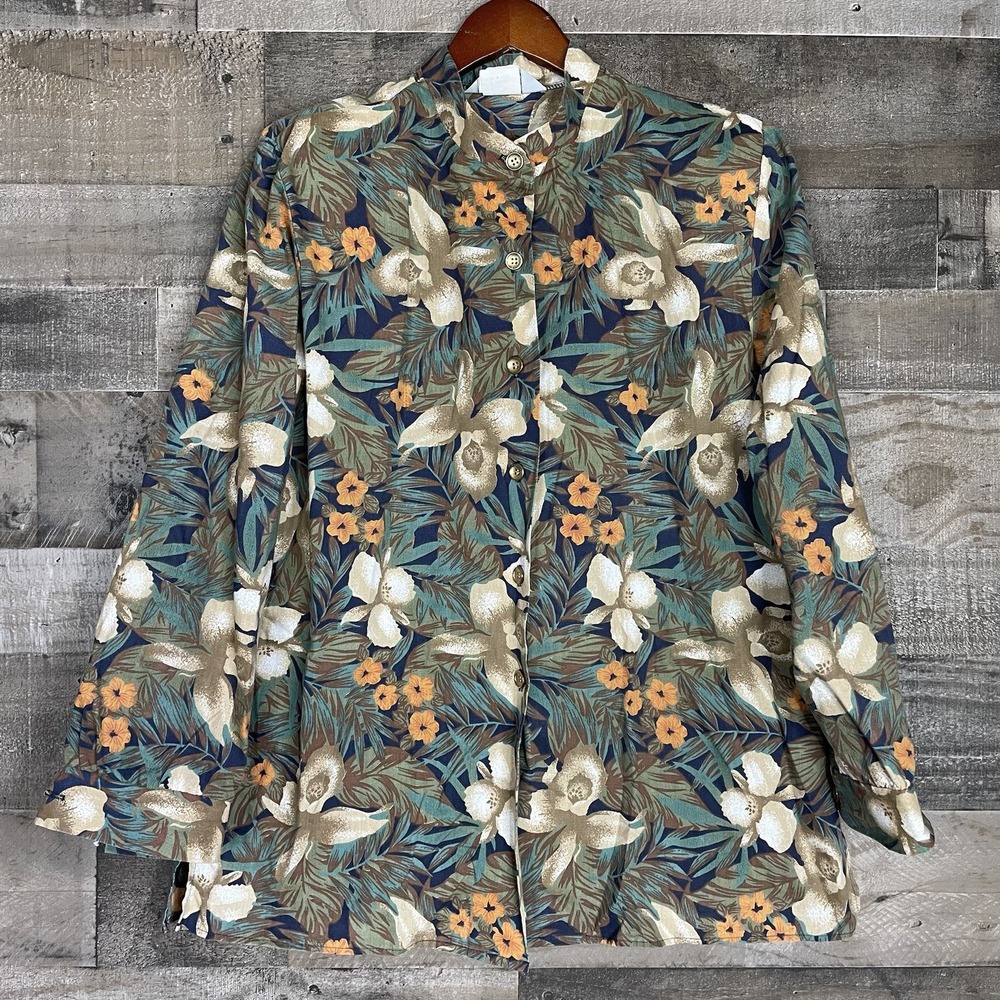 Vtg Blair Button Front Shirt Womens L Brown & Blue Floral Leaves Long‎ Sleeve